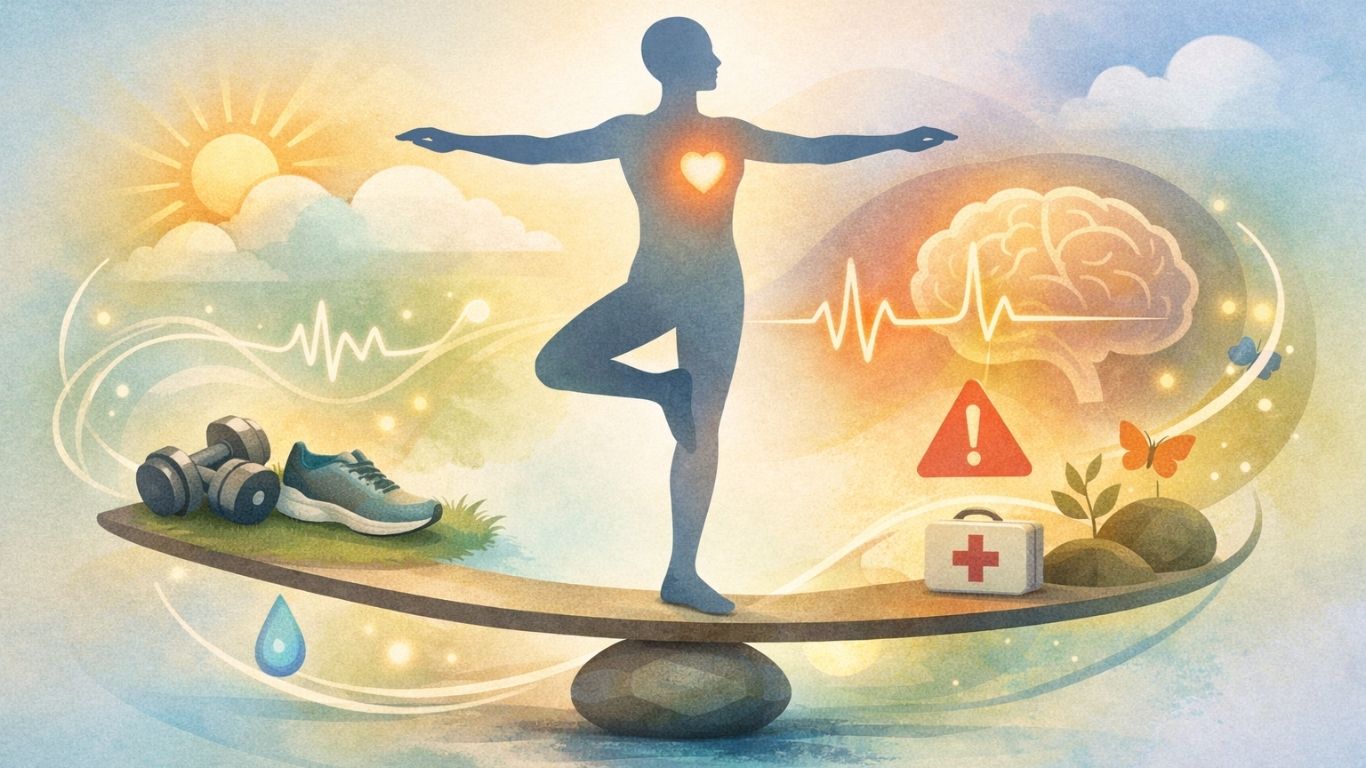 Концептуална илустрација што симболизира рамнотежа меѓу физичка активност и слушање на сигналите на телото