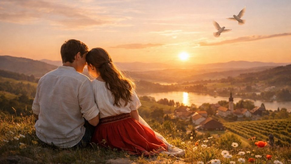 Млад пар на рид во топла светлина, со симболика на љубов и две гулабици над пејзажот