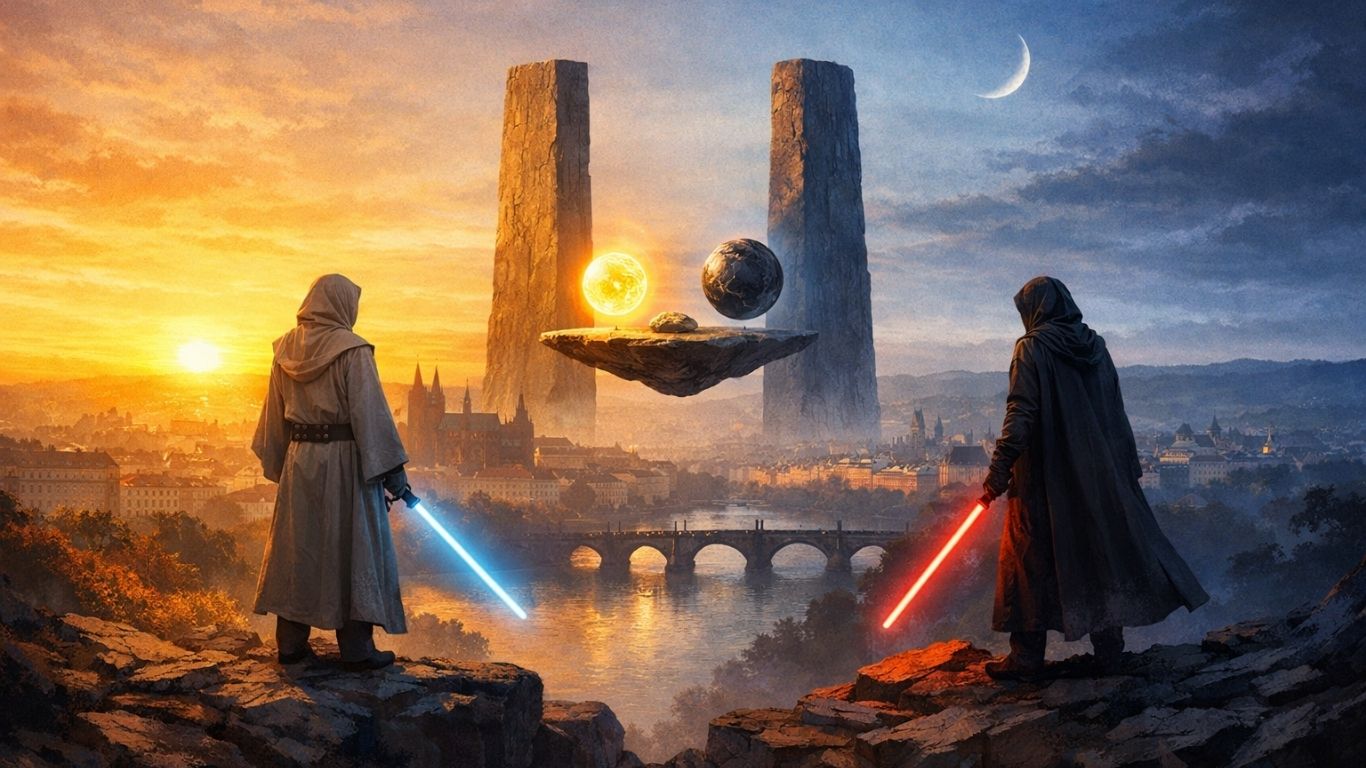 Концептуална илустрација што симболизира рамнотежа меѓу светлата и темната страна како метафора за современата духовност