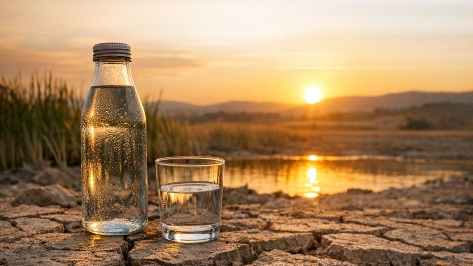Чаша и шише вода како симбол на хидратација, здравје и секојдневна грижа за организмот