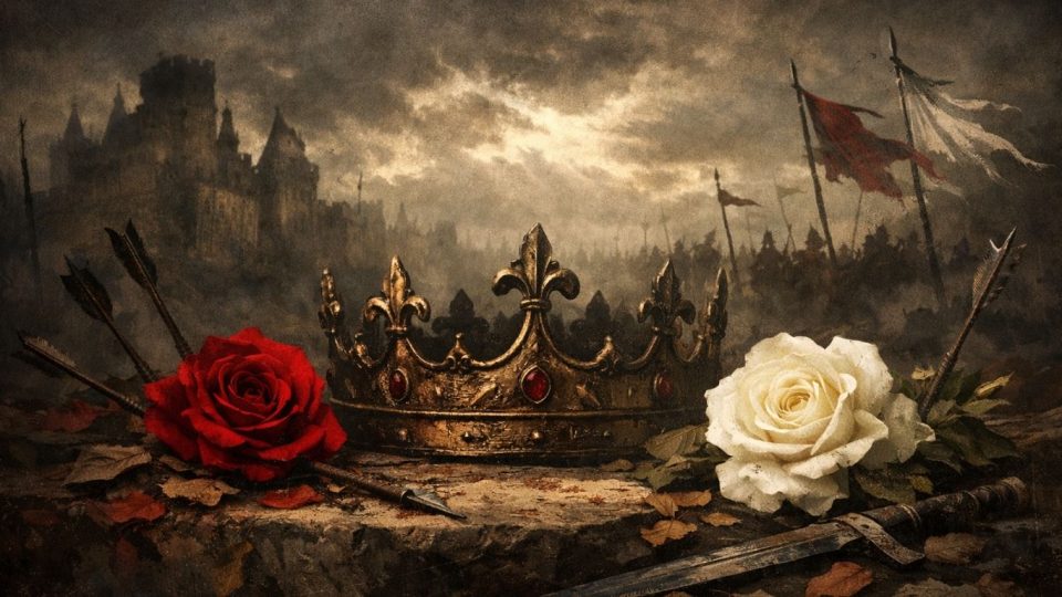 Симболична сцена со црвена и бела роза како метафора за Војните на двете рози