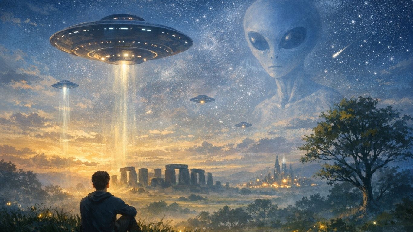 Концептуална сцена со небо, светлосни зраци и симболична присутност на непознато суштество над човечки пејзаж