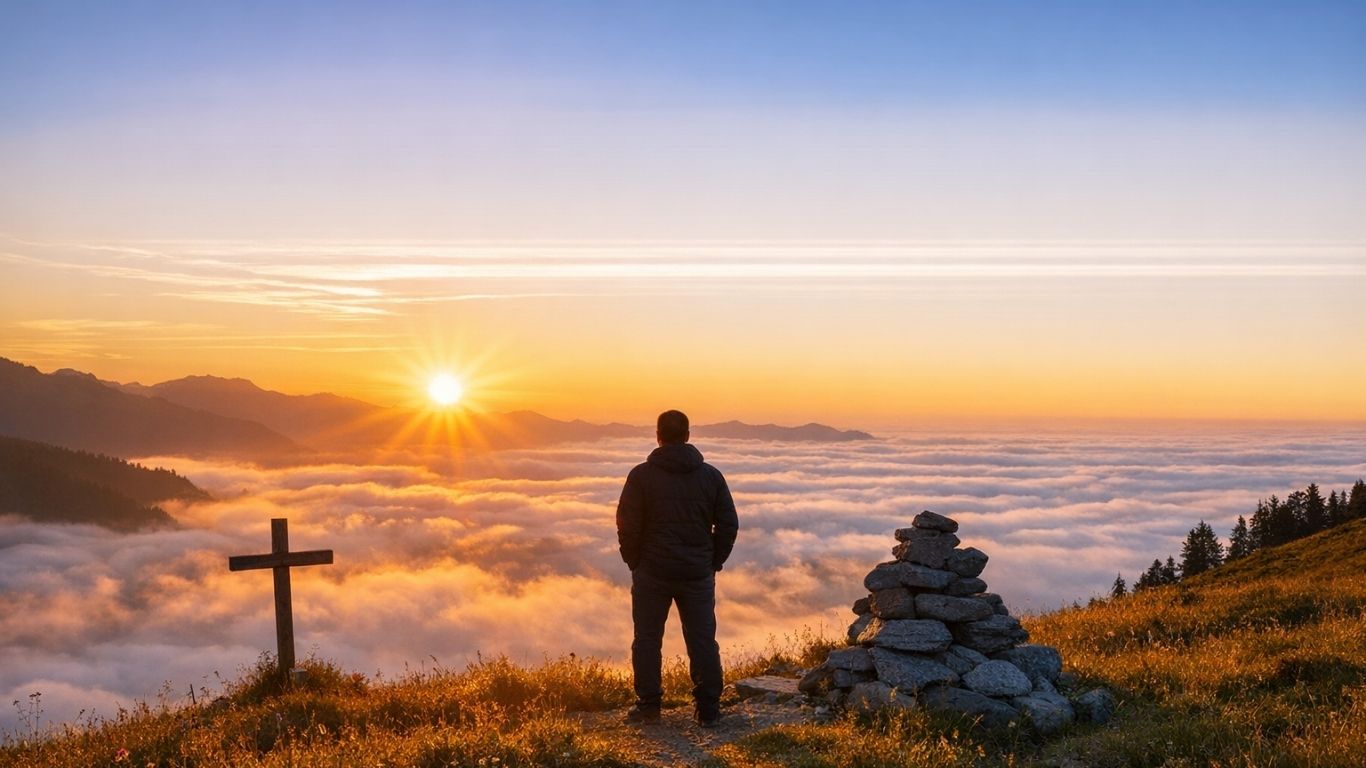 Човек на рид во изгрејсонце како симбол на вредности, смисла и внатрешна исправеност