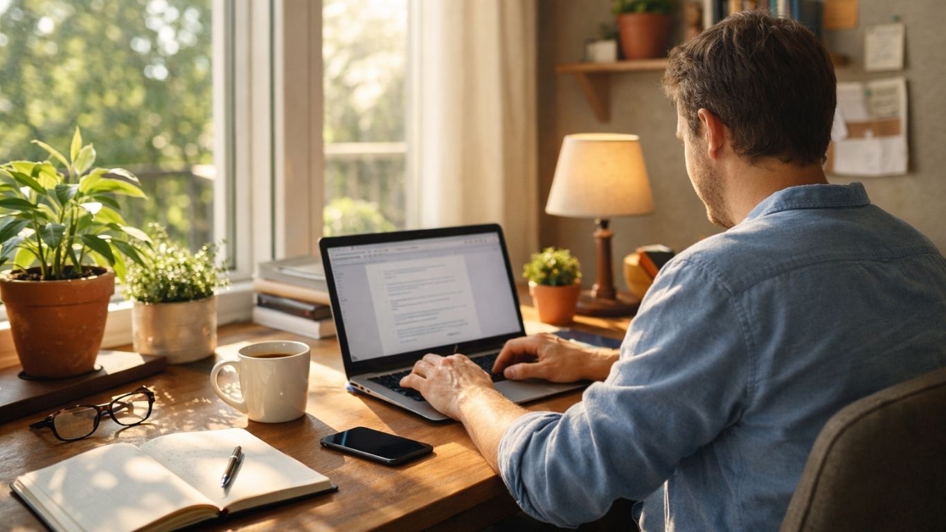 модерен домашен работен простор со лаптоп и природна светлина симбол на работа од дома