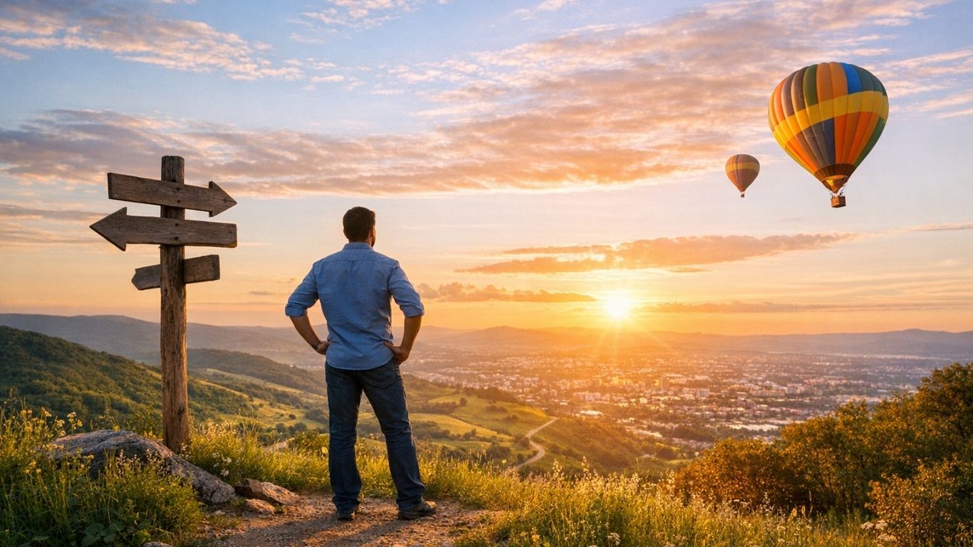 Менаџер на возвишение гледа кон хоризонт како симбол на мотивација, цели и организациско водство