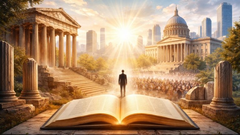 Концептуална илустрација што ги поврзува античка Грција и современа демократија во светла, симболична композиција