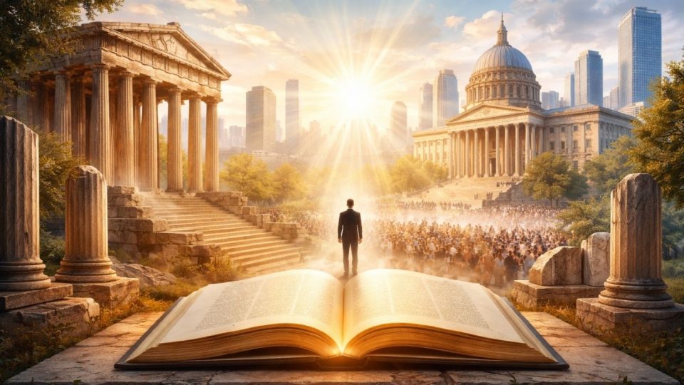 Концептуална илустрација што ги поврзува античка Грција и современа демократија во светла, симболична композиција