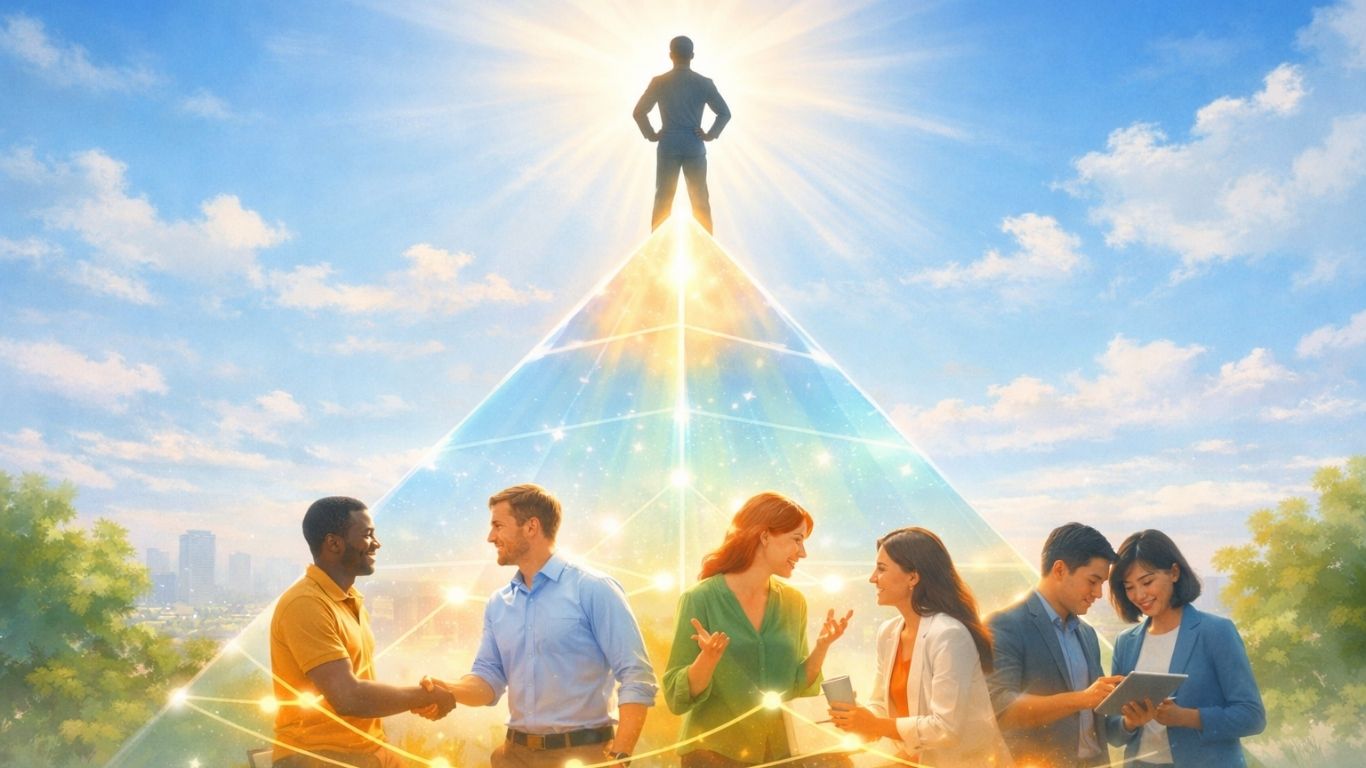 Концептуална илустрација на лидер и тим во симболична пирамида на самоактуализација