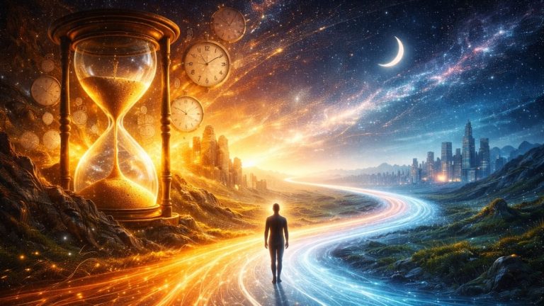 Концептуална илустрација на времето како протегање меѓу минато, сегашност и иднина во космички простор