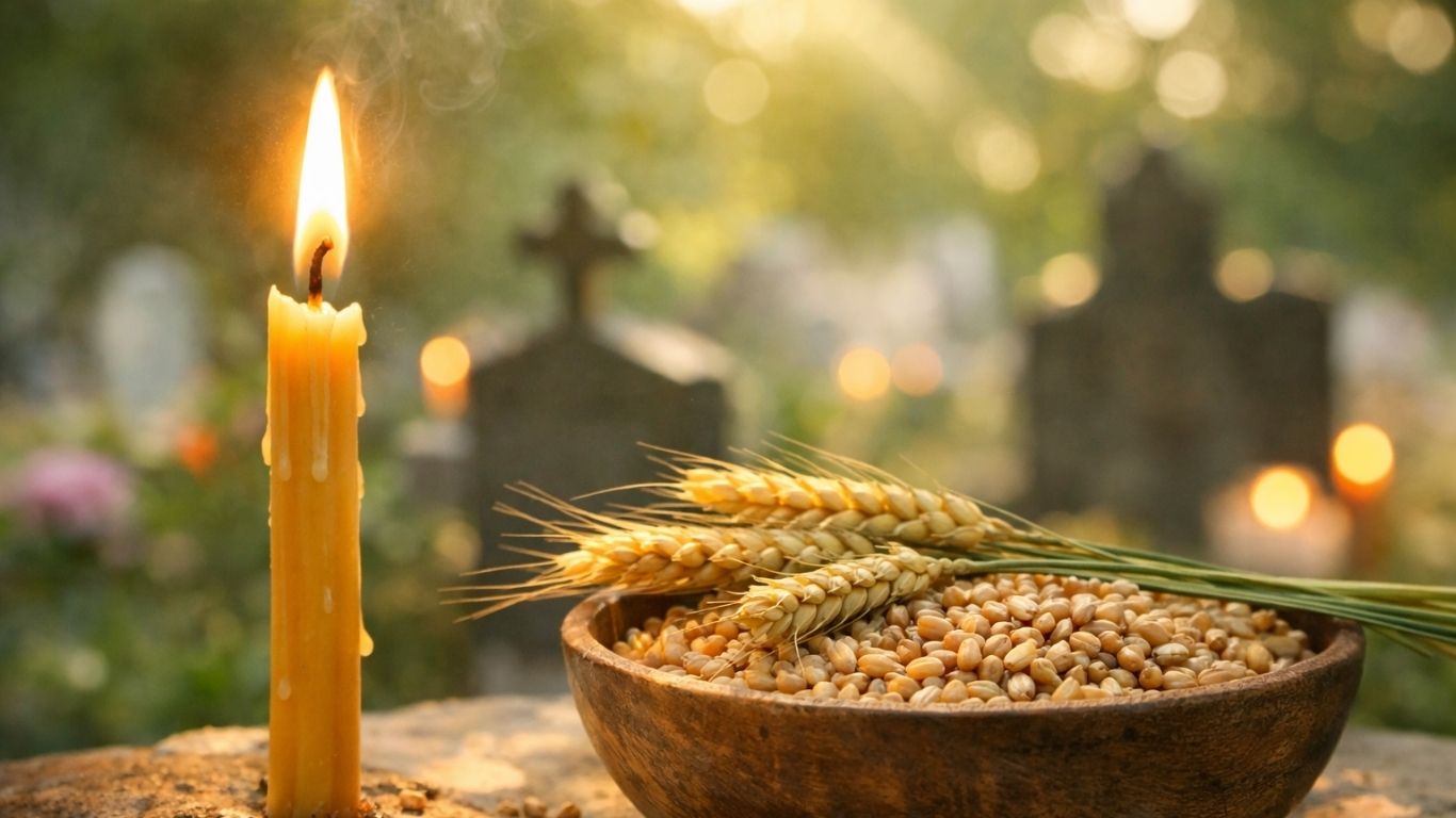 Симболична православна свеќа и жито во топла дневна светлина како метафора за надеж и воскресение