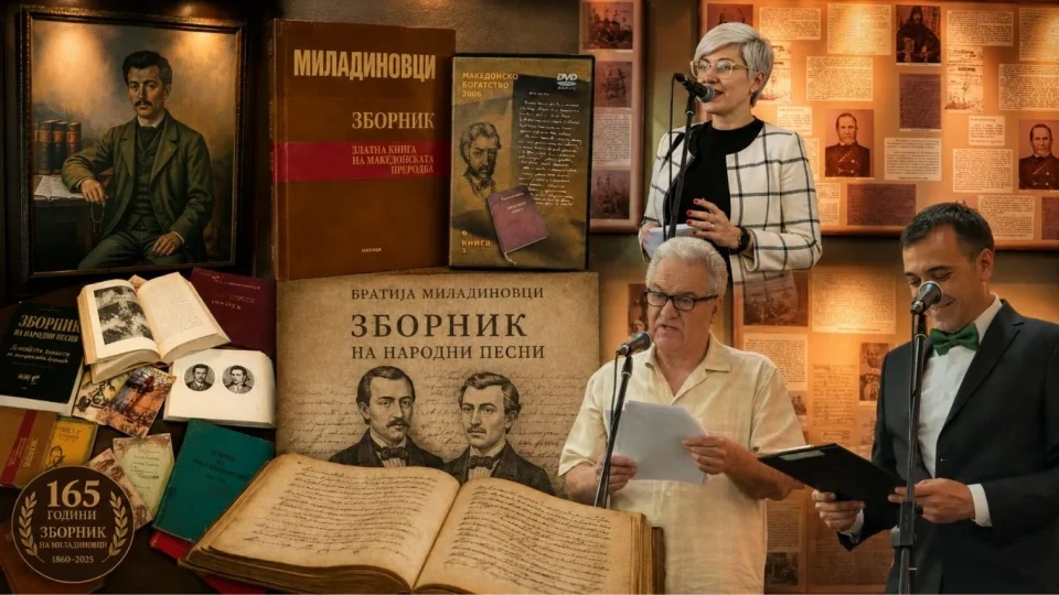 Стара книга во библиотечна светлина како симбол за 165 години од Зборникот на браќата Миладиновци
