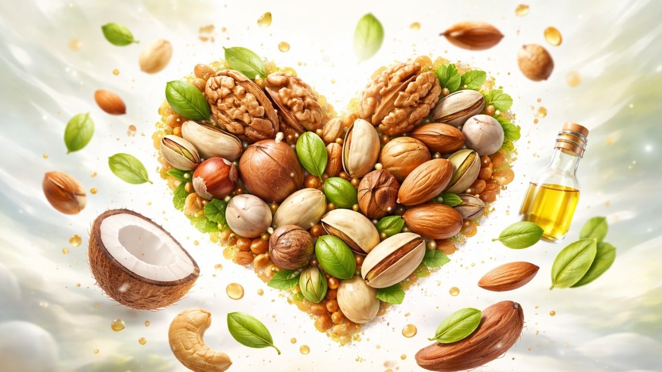 Концептуална слика со разнобојни јаткасти плодови во динамична композиција како симбол на здравје и баланс