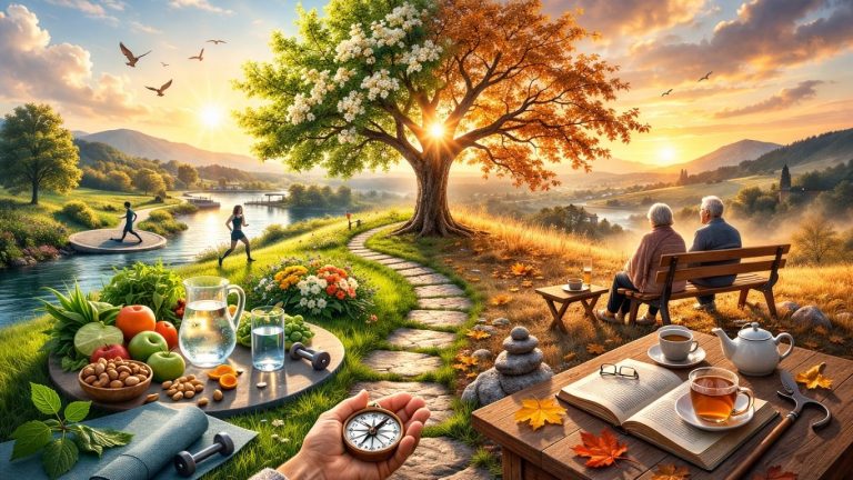 Концептуална илустрација за стареење, здравје и баланс во животот