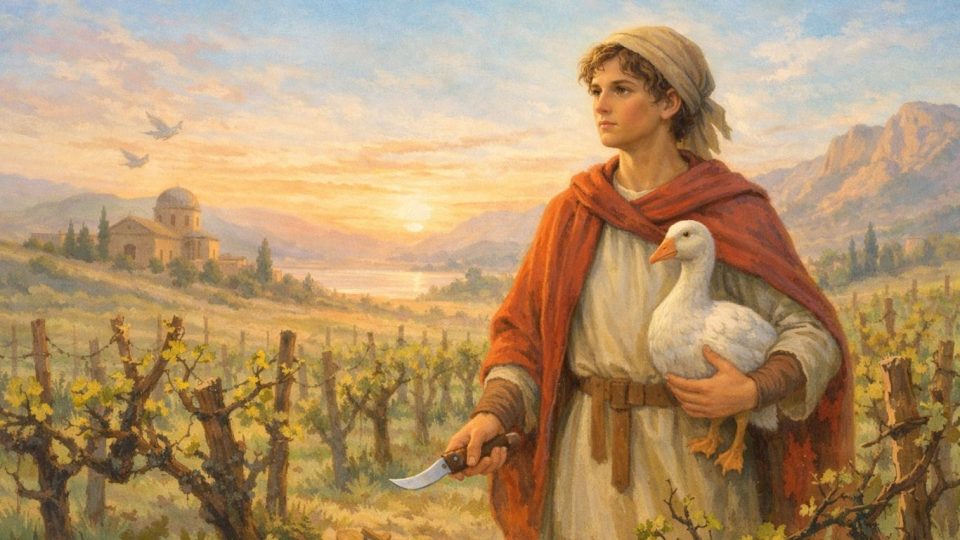 Концептуална илустрација на Св. Трифун во лозје на рана пролет со свежи бои и симболична атмосфера