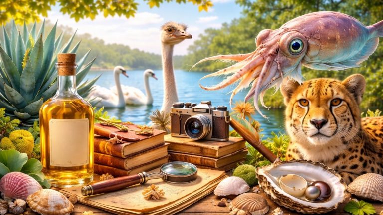 Знаење во една реченица. Весела илустрација со симболи на знаење, животни, култура и откритија.