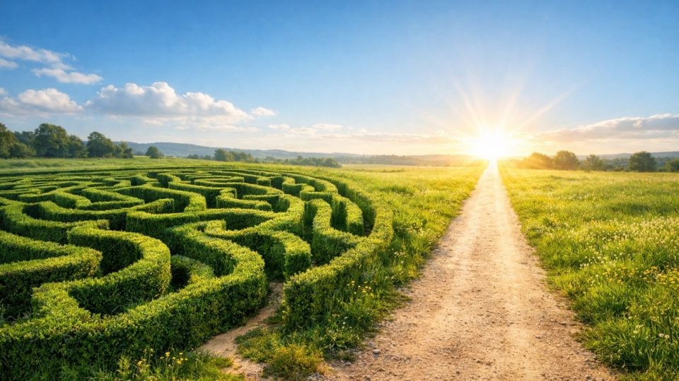 Симболична раскрсница со јасна светла патека и сложен лавиринт под ведро небо