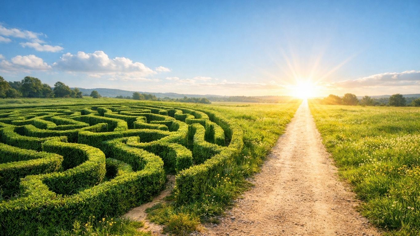 Симболична раскрсница со јасна светла патека и сложен лавиринт под ведро небо