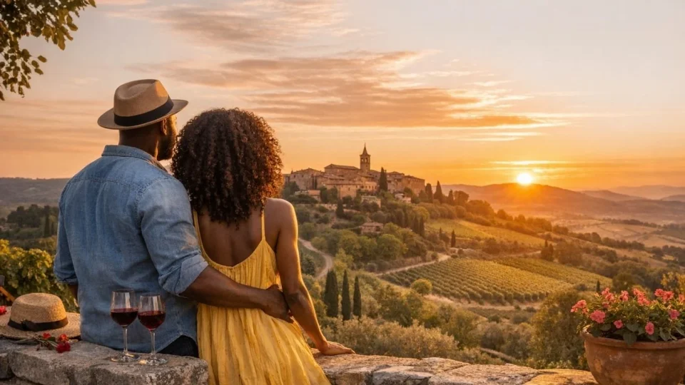Романтична сцена во Тоскана инспирирана од филмот You, Me & Tuscany со топла светлина и кинематографска атмосфера